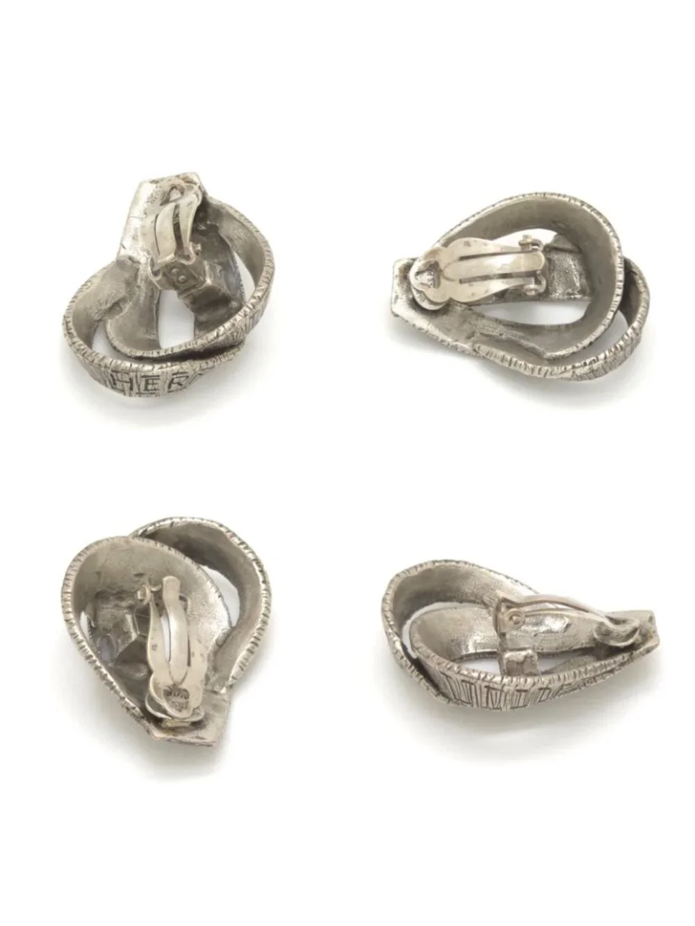 Hermes Logo Ribbon Motif Earrings Clip on Silver